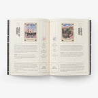 Open book with illustrations and text on a white background