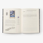 Open book with tarot card and text on a white background