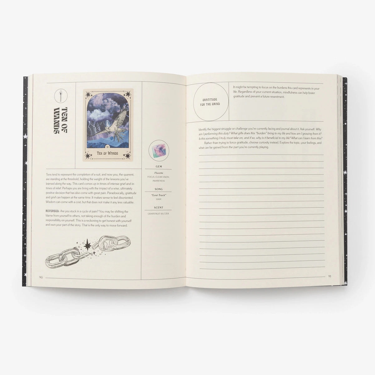 Open book with tarot card and text on a white background