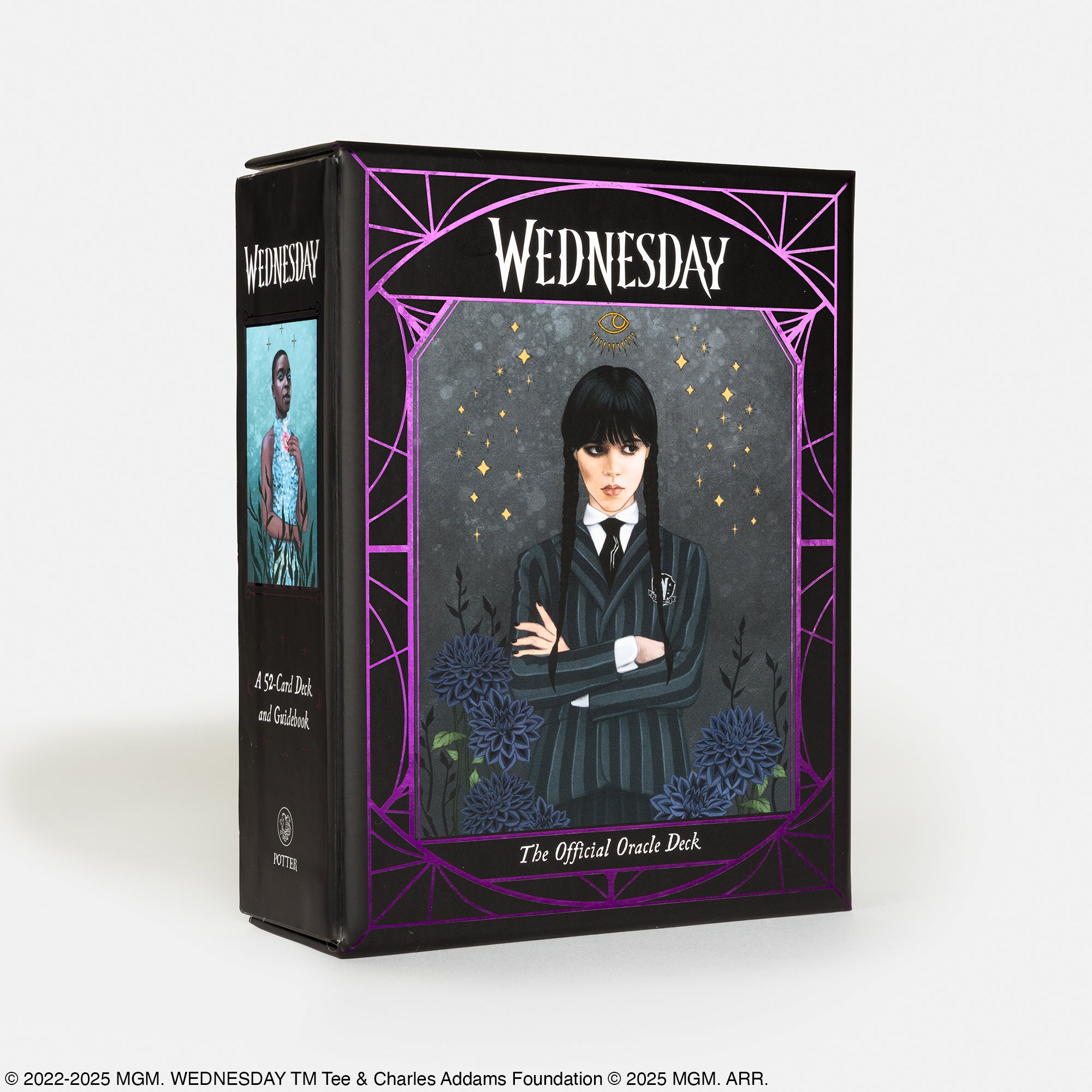 Card deck packaging for 'Wednesday' with character illustration and purple decorative elements on a white background.