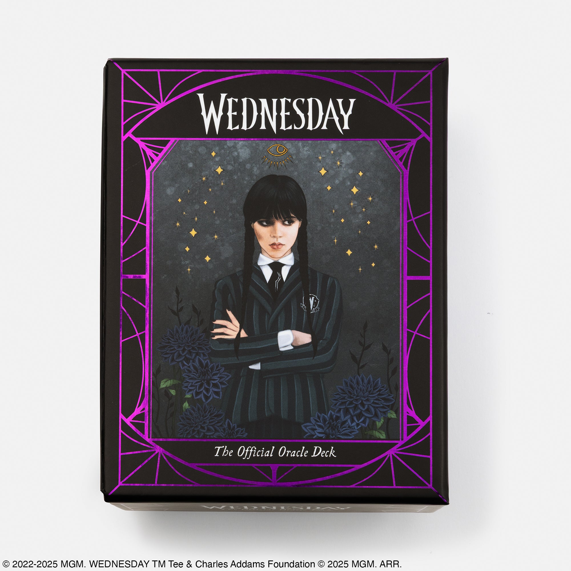 Ornate packaging for 'Wednesday' The Official Oracle Deck with a character illustration on a white background.