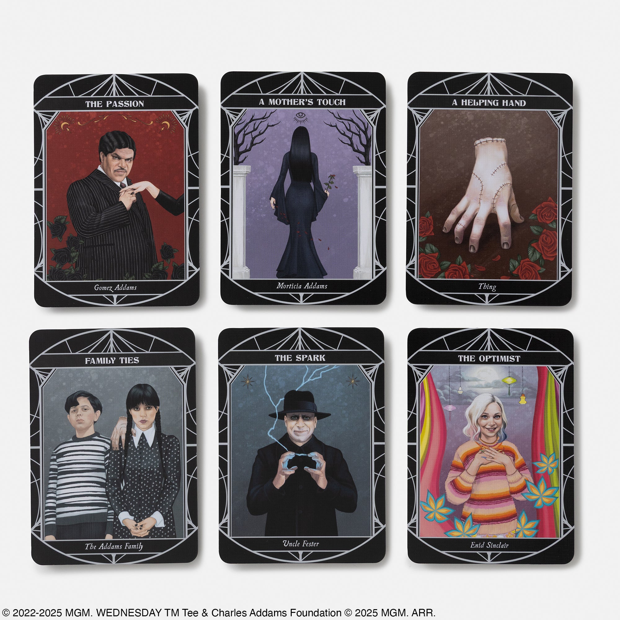 Set of tarot cards with characters from 'The Addams Family' on a white background