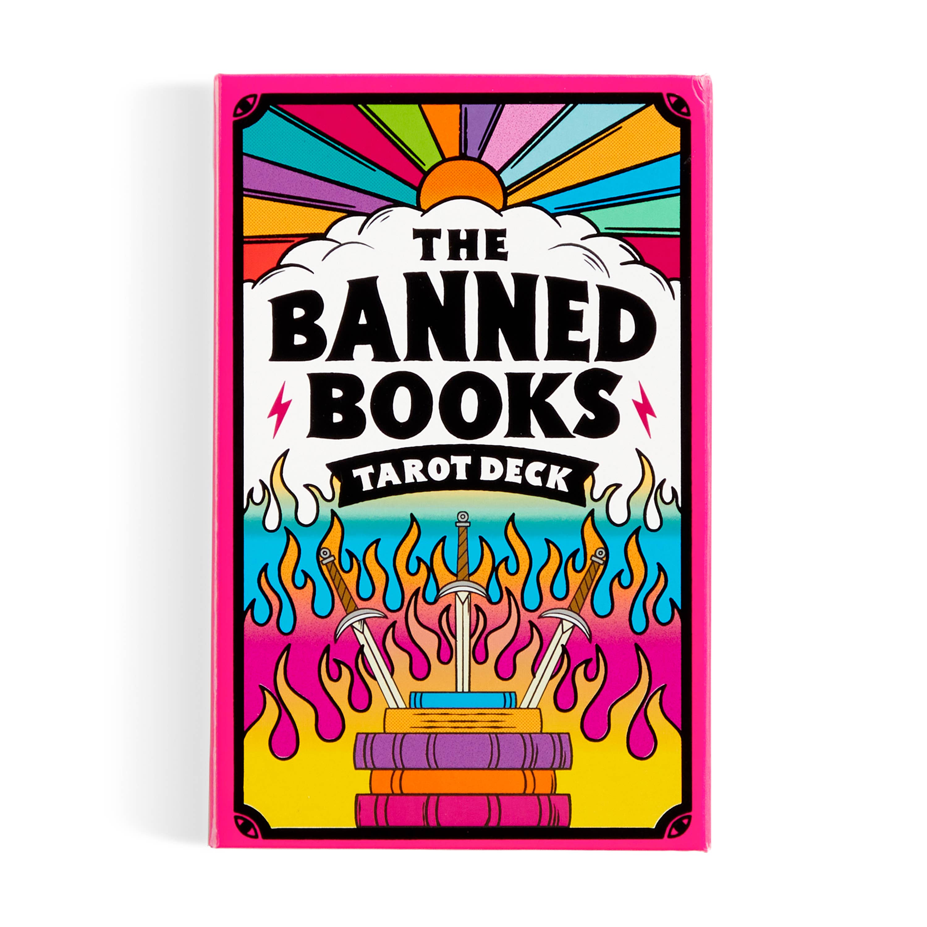 Colorful packaging of 'The Banned Books Tarot Deck' with books on fire design.
