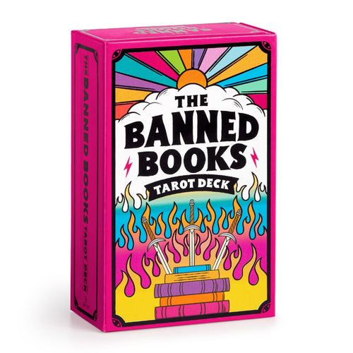 Box of 'The Banned Books Tarot Deck' with colorful design on a white background
