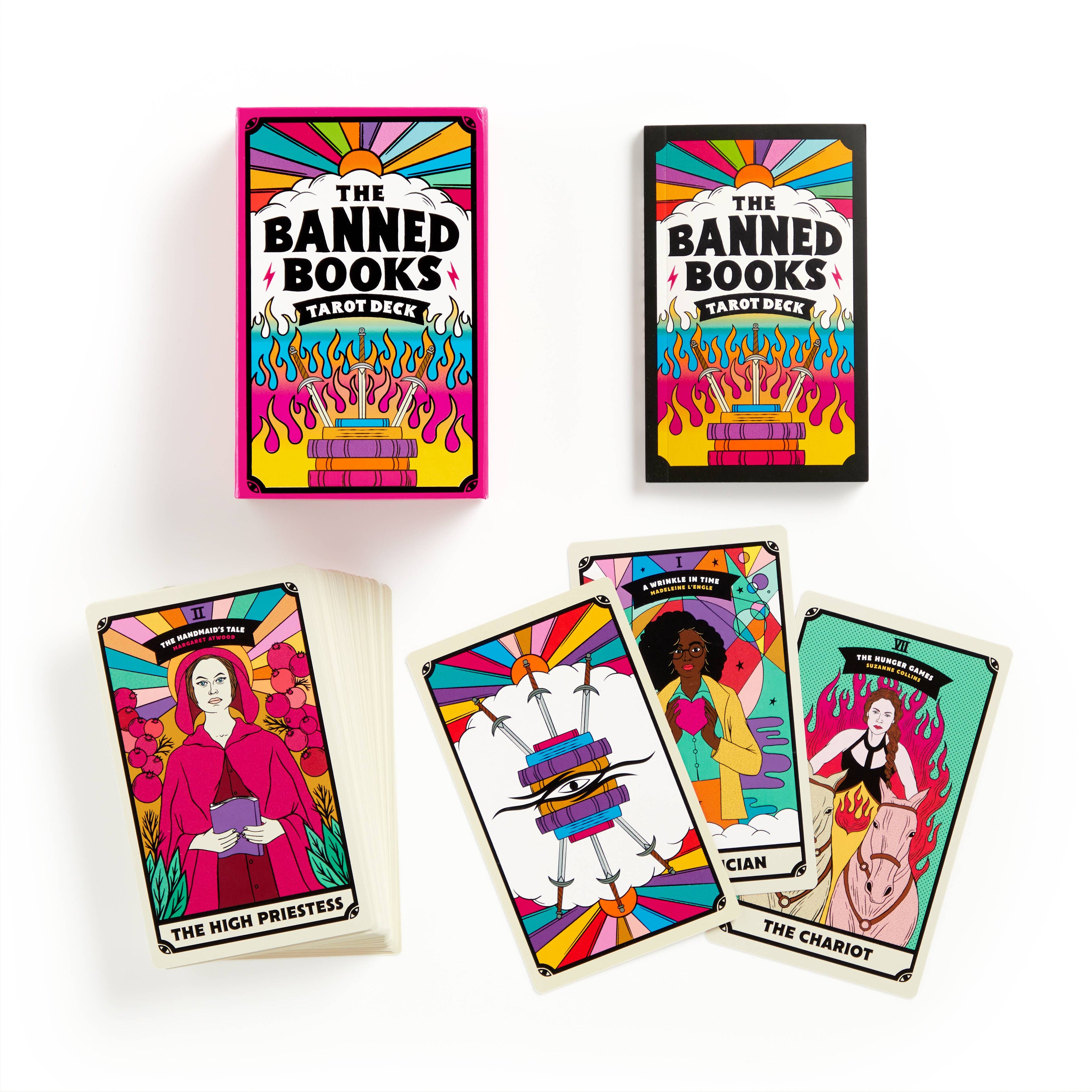 Banned Books Tarot Deck packaging with tarot cards displayed on a white background