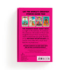 Back cover of a book titled 'The Banned Book Tarot Deck' with tarot card illustrations on a pink background.