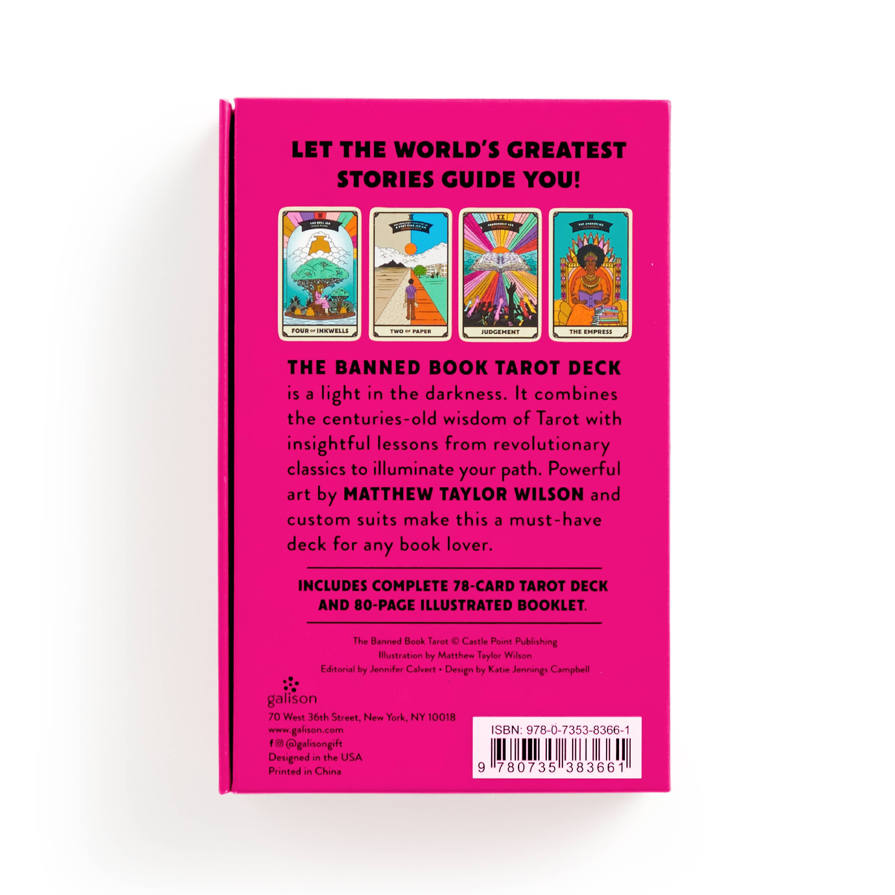 Back cover of a book titled 'The Banned Book Tarot Deck' with tarot card illustrations on a pink background.
