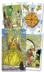 Four tarot cards from the Universal Tarot deck with colorful illustrations and text.
