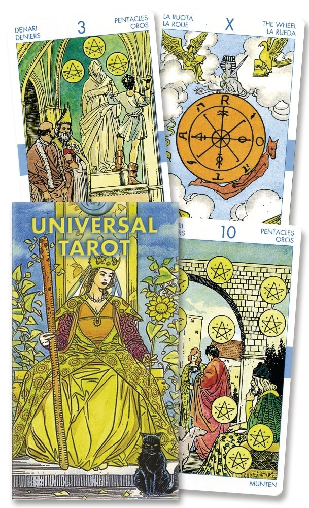 Four tarot cards from the Universal Tarot deck with colorful illustrations and text.