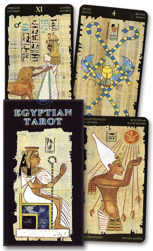 Egyptian Tarot cards with detailed illustrations and hieroglyphics on a black background.