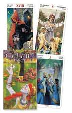 Four tarot cards from the Celtic Tarot set with colorful illustrations and text.