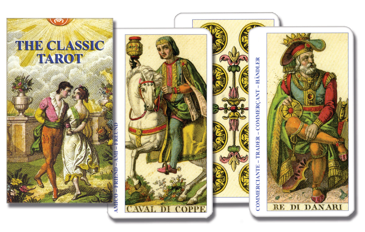 Collection of tarot cards from 'The Classic Tarot' set with colorful illustrations and text.