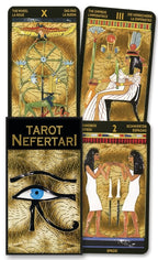 Tarot cards from the Tarot Nefertari set with Egyptian-themed illustrations and hieroglyphics.