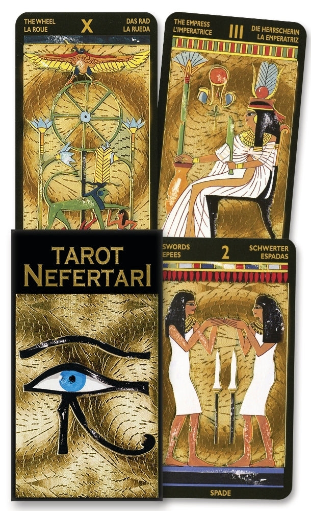 Tarot cards from the Tarot Nefertari set with Egyptian-themed illustrations and hieroglyphics.