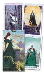 Four tarot cards from the 'Secret Tarot' set with artistic illustrations and a visible card titled 'Queen of Chalices'.