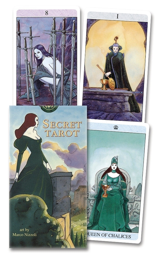 Four tarot cards from the 'Secret Tarot' set with artistic illustrations and a visible card titled 'Queen of Chalices'.