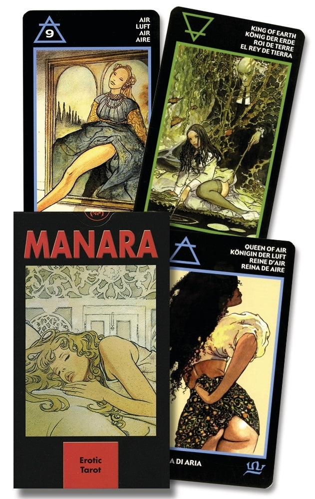Four tarot cards from the Manara Erotic Tarot set, featuring artistic illustrations of women in various poses.
