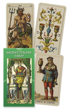 Collection of tarot cards with decorative designs and text on a white background
