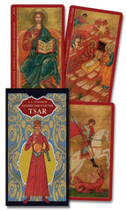 Cover of 'Golden Tarot of the Tsar' with decorative design and character illustration with three cards.