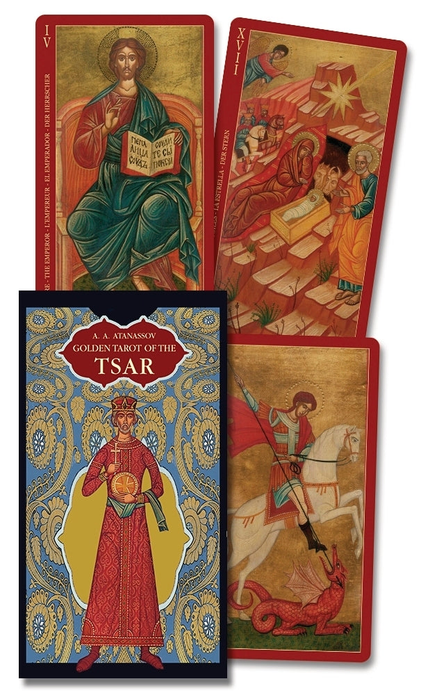 Cover of 'Golden Tarot of the Tsar' with decorative design and character illustration with three cards.
