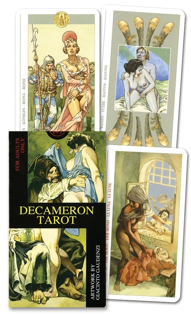 Decameron Tarot cards with illustrations and a black card titled 'Decameron Tarot'.