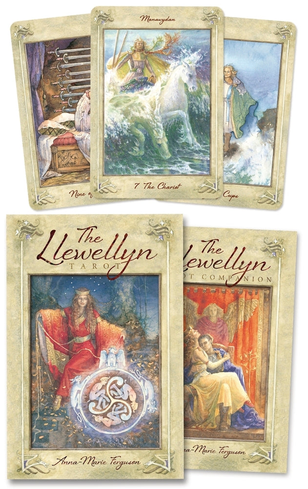 Set of tarot cards with artistic illustrations and 'The Llewellyn Tarot' branding.