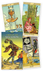 Four tarot cards from 'Tarot of the New Vision' deck with colorful illustrations and text.