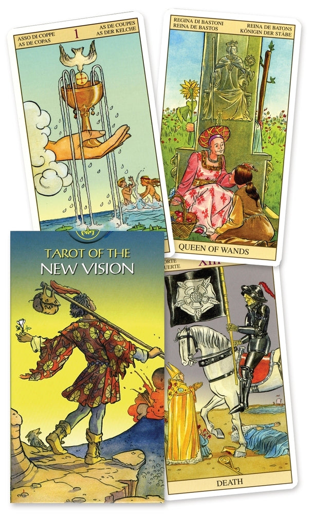 Four tarot cards from 'Tarot of the New Vision' deck with colorful illustrations and text.