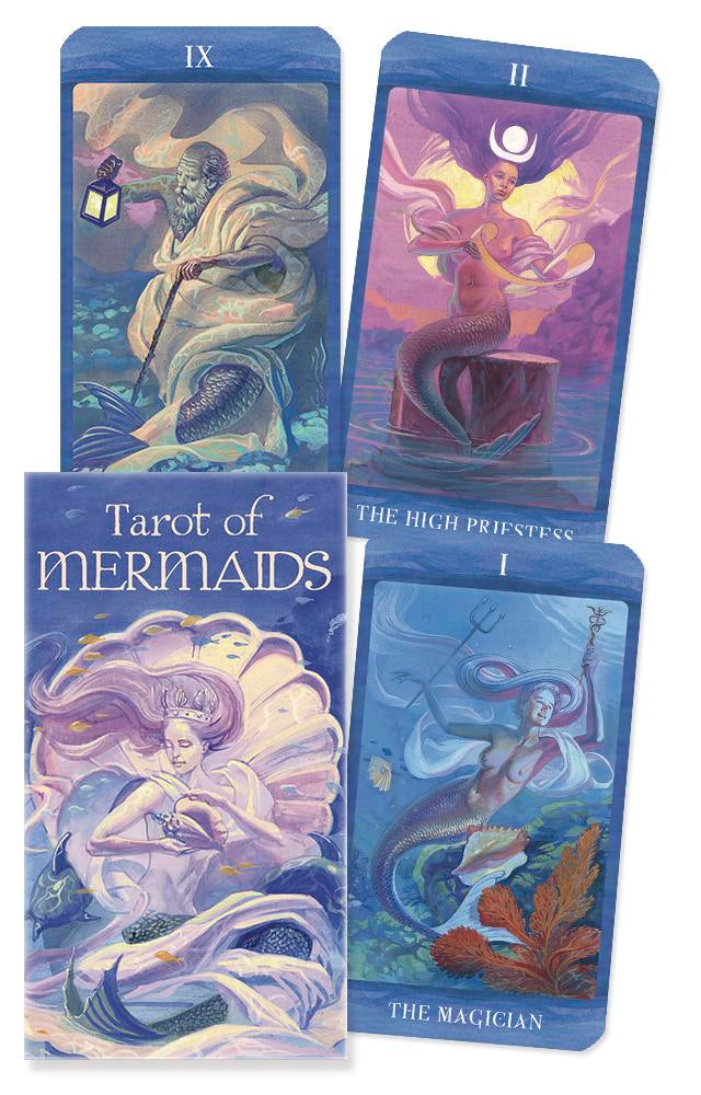Tarot cards featuring mermaids with their respective card names and symbols.