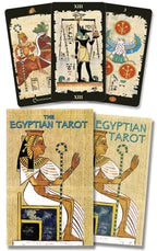 Egyptian Tarot cards with tarot card illustrations and 'The Egyptian Tarot' text on a wooden background.