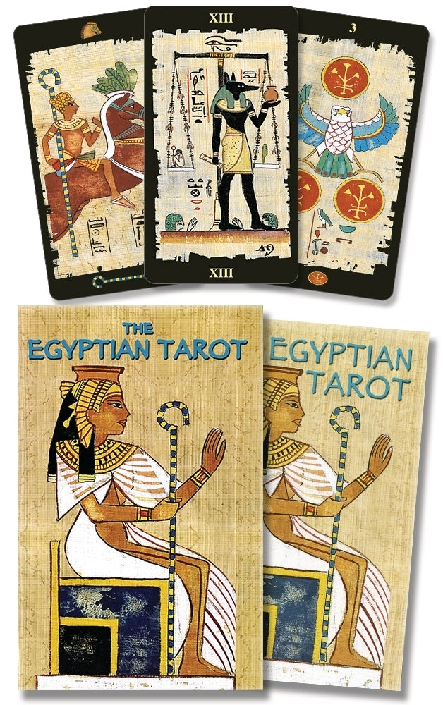 Egyptian Tarot cards with tarot card illustrations and 'The Egyptian Tarot' text on a wooden background.