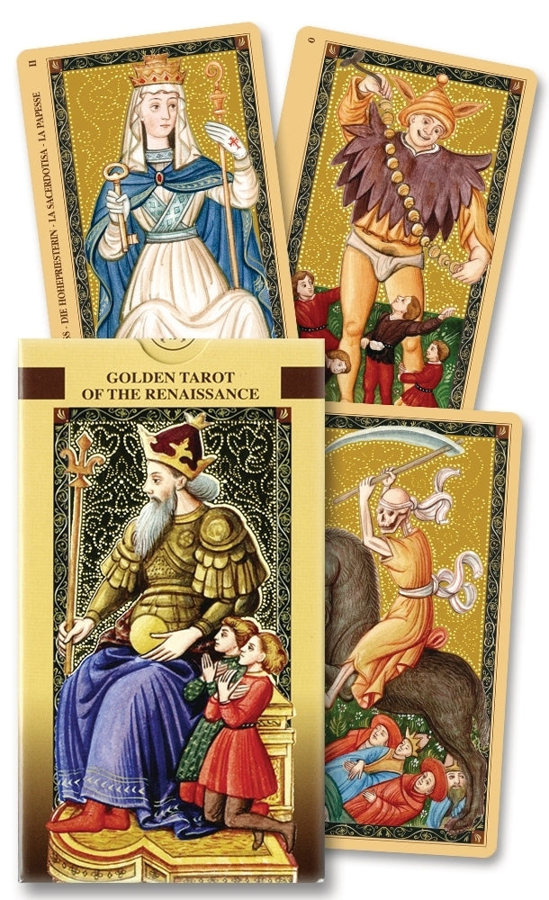 Four tarot cards from the Golden Tarot of the Renaissance set on a white background.