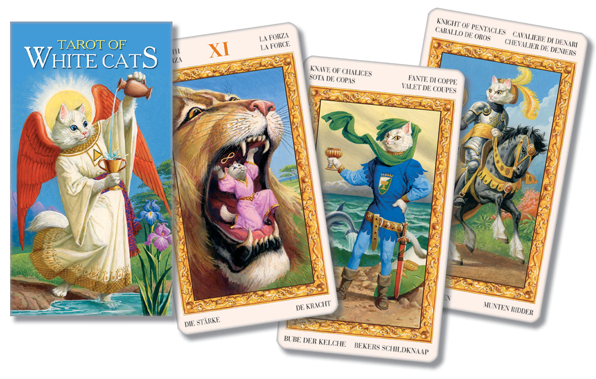 Four tarot cards from 'Tarot of White Cats' with colorful illustrations of cats in various roles.