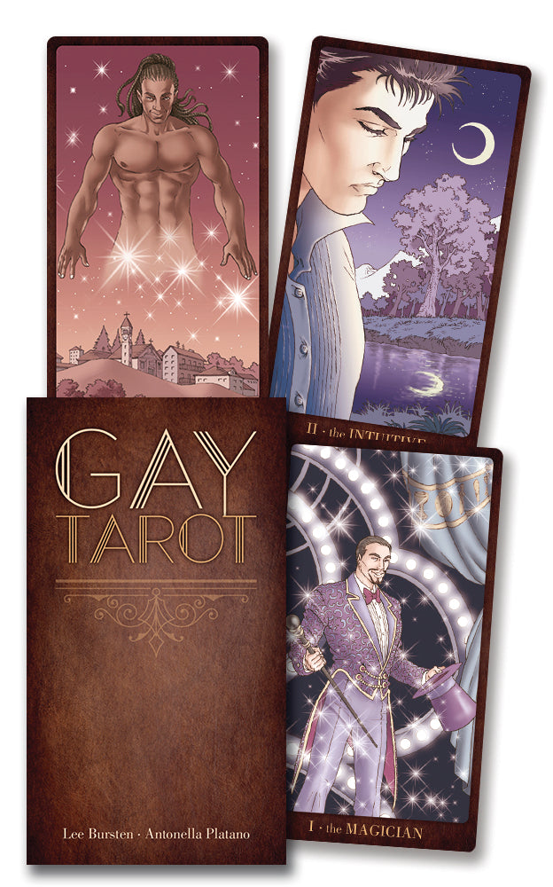 Gay Tarot card set with tarot cards and cover displaying artwork and text.
