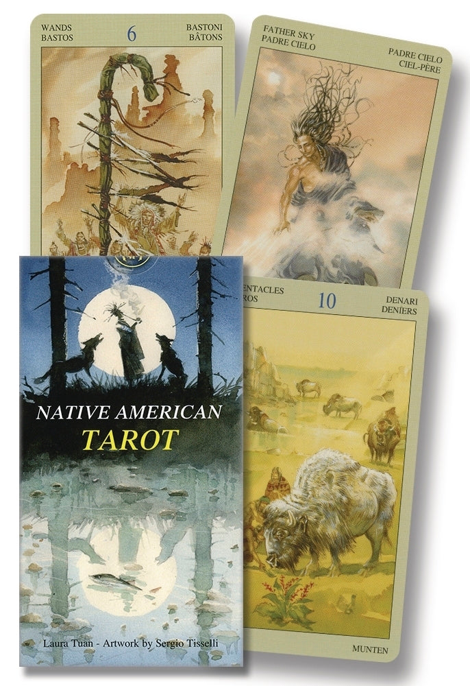 Four tarot cards from the Native American Tarot set with illustrations and a box.