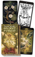 Four tarot cards from 'Tarot of the Secret Forest' with artistic designs and fairy illustrations.