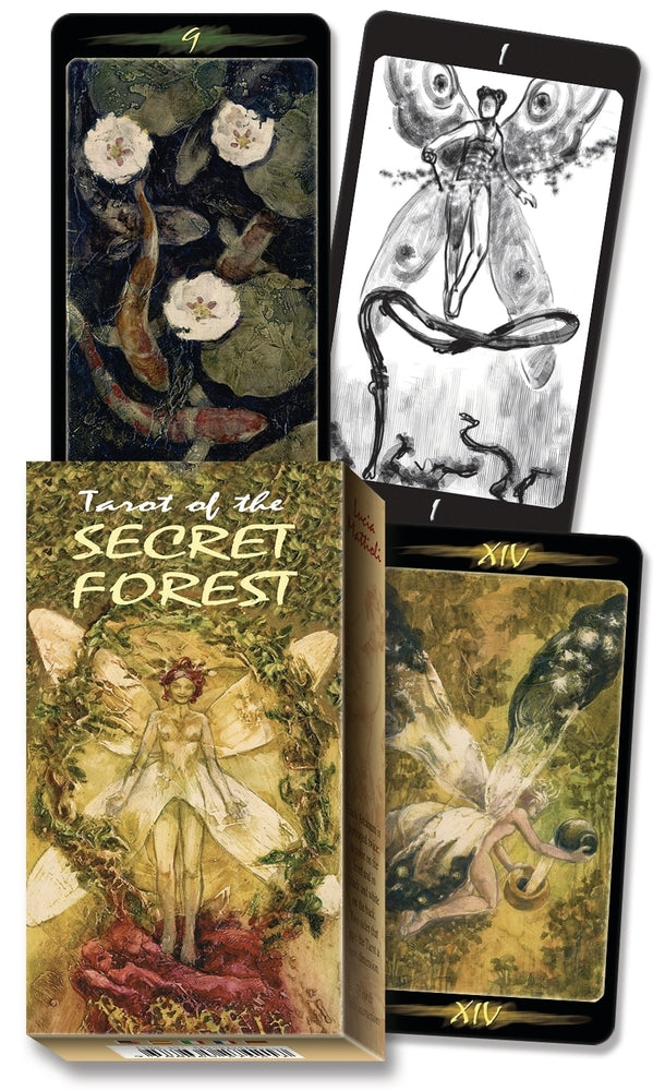 Four tarot cards from 'Tarot of the Secret Forest' with artistic designs and fairy illustrations.