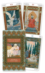 Four tarot cards from 'Tarot of the Thousand and One Nights' with a central card showing artwork by Leon Carre.