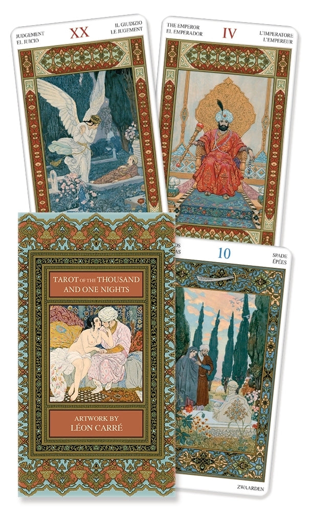 Four tarot cards from 'Tarot of the Thousand and One Nights' with a central card showing artwork by Leon Carre.