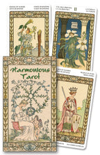 Decorative box for 'Harmonious Tarot' with artistic design and text with three cards.