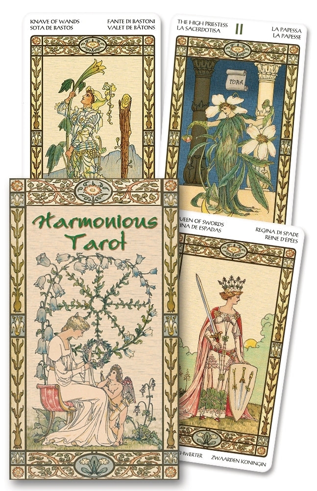 Decorative box for 'Harmonious Tarot' with artistic design and text with three cards.