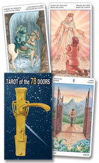 Four tarot cards from 'Tarot of the 78 Doors' with illustrations and text.