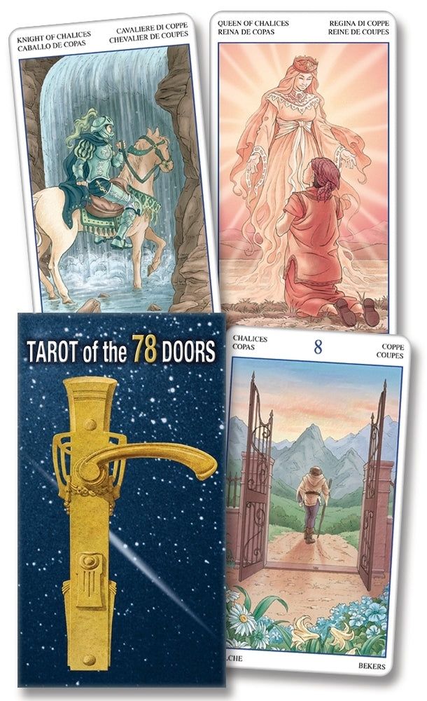 Four tarot cards from 'Tarot of the 78 Doors' with illustrations and text.