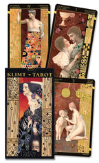 Four tarot cards from the Klimt Tarot set with intricate designs and figures.