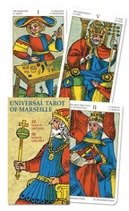 Tarot cards from the Universal Tarot of Marseille set with colorful illustrations of card figures.