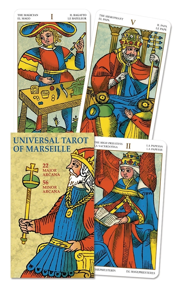 Tarot cards from the Universal Tarot of Marseille set with colorful illustrations of card figures.