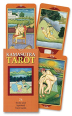 Kamasutra Tarot cards with illustrations of couples in various poses on an orange background.