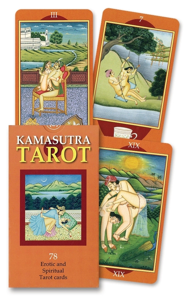 Kamasutra Tarot cards with illustrations of couples in various poses on an orange background.