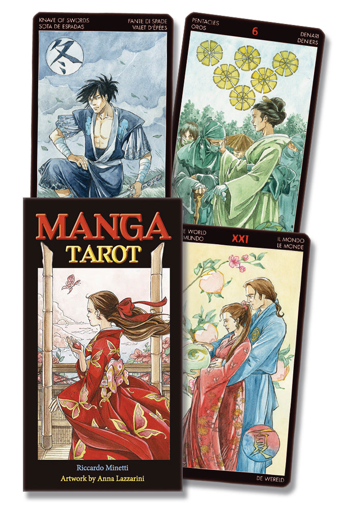 Manga Tarot cards with illustrated characters on a white background