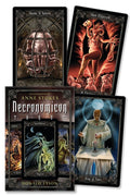 Four tarot cards from the Necronomicon deck with dark and mystical artwork.